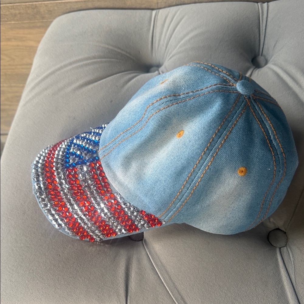 Denim Cap with American Flag Rhinestones - Picture 2 of 3